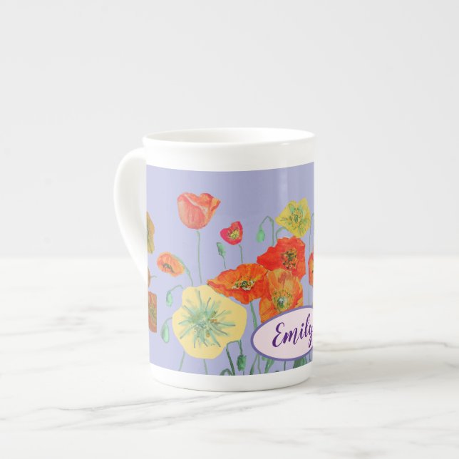 Tasse En Porcelaine Poppies orange Fleurs florales Pastel violet Lilac (Devant gauche)
