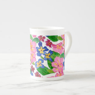 Tasse En Porcelaine Primroses rose, rouge et bleu Motif floral, blanc