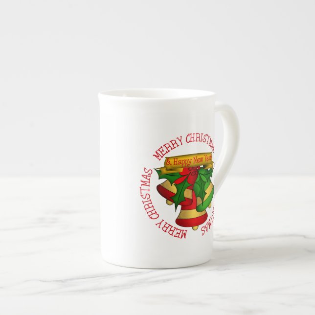 Tasse En Porcelaine Red | Cloches de Noël Joyeuses Vertes (Devant droit)