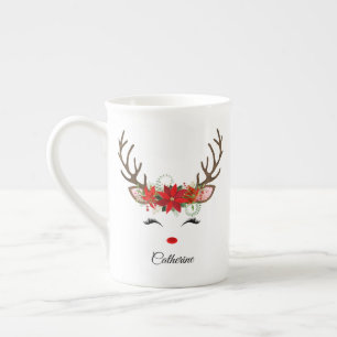 Tasse En Porcelaine Renne de Noël floral personnalisé avec nom