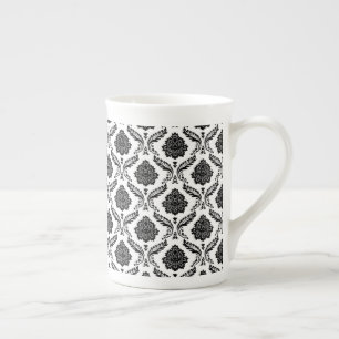 Tasse En Porcelaine Rococo Damassé Petit Motif Noir sur Blanc