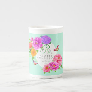 Tasse En Porcelaine Romantique Monogramme Peonies Jardin Vert