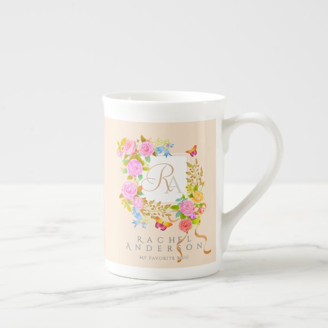 Tasse En Porcelaine Romantisme Fleur Jardin Monogramme Beige (Droite)