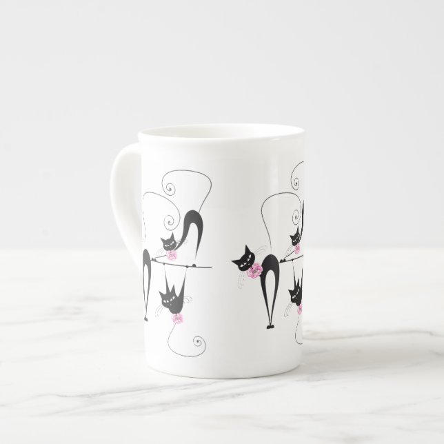 Tasse En Porcelaine Rose girly de chat noir (Devant gauche)