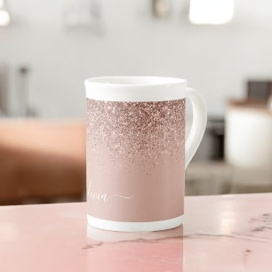 Tasse En Porcelaine Rose Gold Blush Fleur Paillettes Monogramme Nom