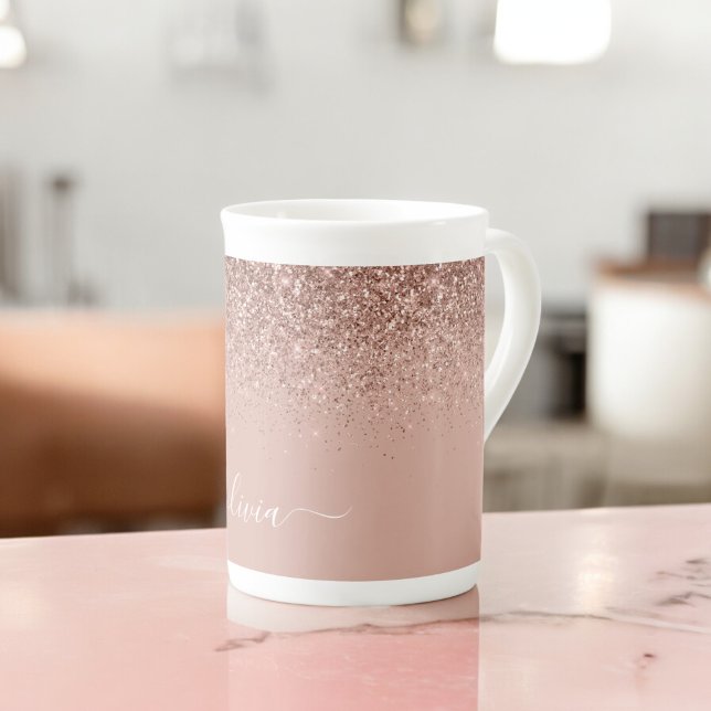 Tasse En Porcelaine Rose Gold Fard Rose Paillettes Monogramme Nom Fémi (Créateur téléchargé)