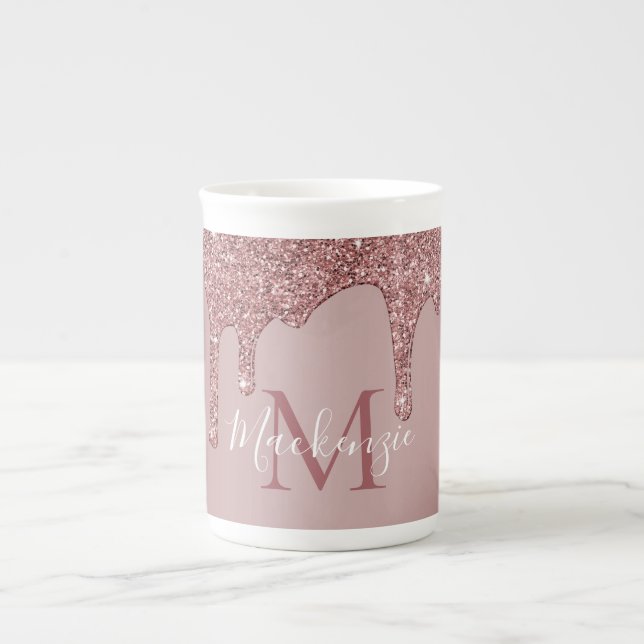 Tasse En Porcelaine Rose Parties scintillant de goutte d'or Monogramme (Devant)