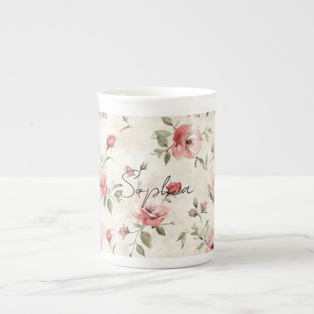Tasse En Porcelaine Roses Fleurs Roses Blush Ivoire   (Devant)