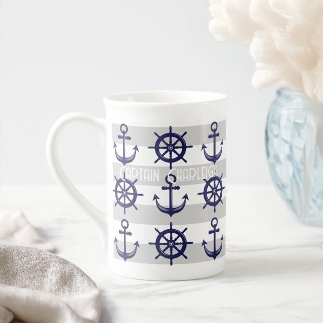 Tasse En Porcelaine Roue de bateau à Ancre personnalisée Nautique rayé (Créateur téléchargé)