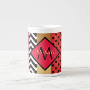 Tasse En Porcelaine Rouge Noir Or Paillettes Coup de Pinceau Monogramm