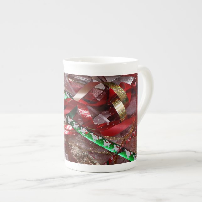 Tasse En Porcelaine Rubans de Noël Rouge Vert et Or Vacances (Devant droit)