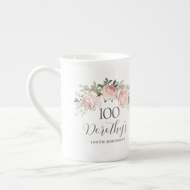 Tasse En Porcelaine Rustic Rose Floral 100e fête d'anniversaire (Gauche)