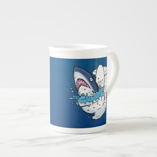 Tasse En Porcelaine Toilette Shark Funny Blue Cartoon (Devant droit)