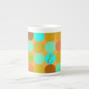 Tasse En Porcelaine Turquoise Bleu Vert & Cercles Orange Monogramme