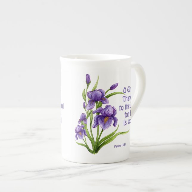Tasse En Porcelaine Un beau bouquet de fleurs d'Iris avec des écriture (Devant droit)