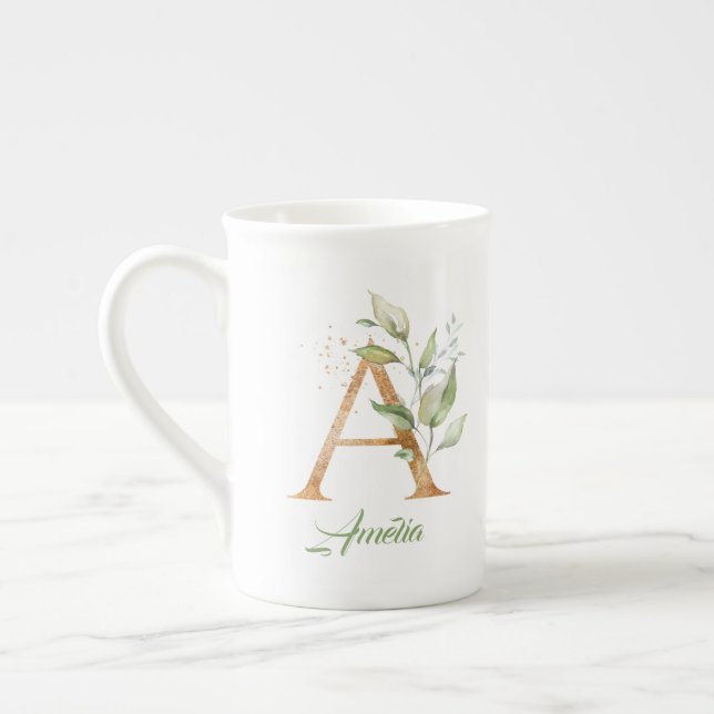 Tasse En Porcelaine Une parties scintillant d'or d'eucalyptus monogram (Gauche)