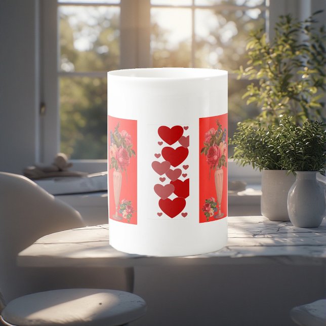 Tasse En Porcelaine Valentines Jour Balayer Coeur Romantique Vase Rose (Valentines Day Sweeping Heart Romantic Roses Vase Bone China Mug)