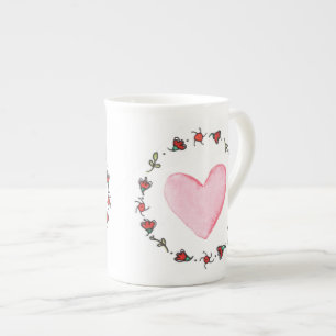 Tasse En Porcelaine Valentines Jour peint à la main Coeur rose Aquarel