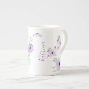 Tasse En Porcelaine Vert violet personnalisé, Fleurs aquarelles
