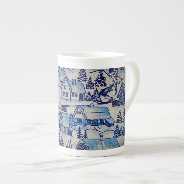 Tasse En Porcelaine Vintage Blue Christmas Village (Devant droit)