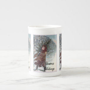 Tasse En Porcelaine Vintage fille avec sapin de Noël