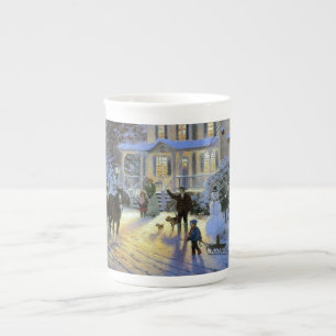 Tasse En Porcelaine Vintage hiver Ville Noël Cheval tiré traîneau