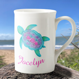 Tasse En Porcelaine Whimsy aqua rose tortue aquarelle art personnalisé