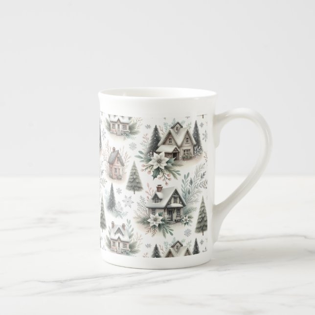 Tasse En Porcelaine Winter Cottage Snowfall Pattern (Droite)