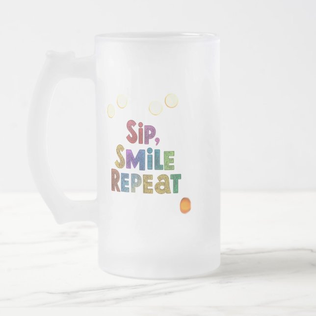 Tasse en verre dépoli 'Sip, Smile, Repeat' 16 oz (Gauche)