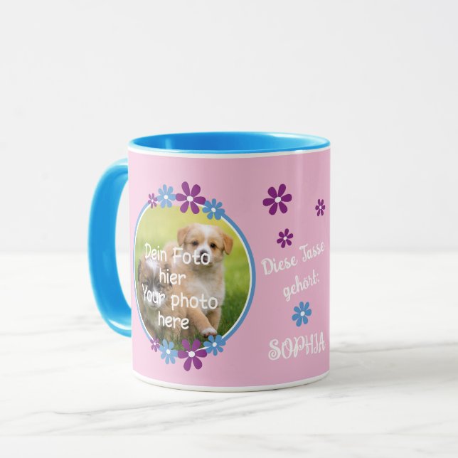 Tasse enfant rose - bordure florale - photo (Devant gauche)