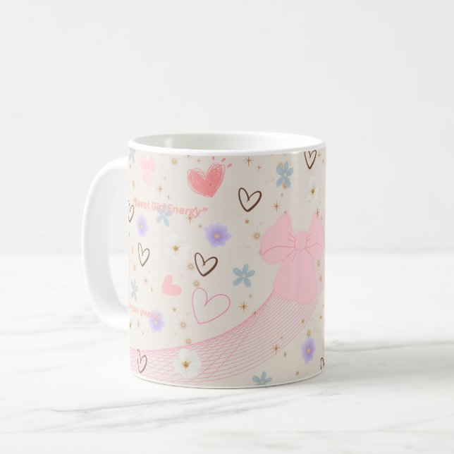 Tasse esthétique rose douce avec un nœud | Kawaii  (Devant gauche)