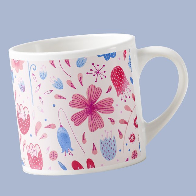 Tasse Expresso Aquarelle florale moderne bleu rose (Pink and blue modern floral  espresso cup)