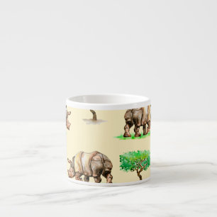 Tasse Expresso Aquarelle Rhino : Motif peint à la main.