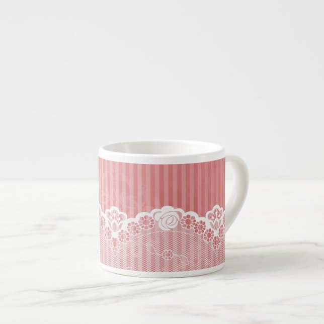 Tasse Expresso Arrière - plan rose et blanc avec la dentelle (Devant droit)