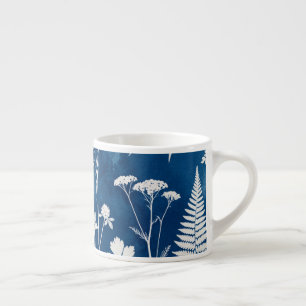Tasse Expresso Art botanique de fougère au cyanotype bleu indigo 