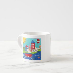 Tasse Expresso Bateau à voile et ballon à air chaud avec Cityscap