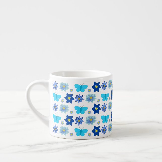 Tasse Expresso Bébé bleu Papillons et fleurs à motifs (Gauche)