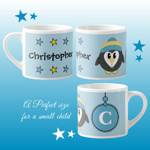 Tasse Expresso Bleu pingouin mignon jaune avec étoiles enfant