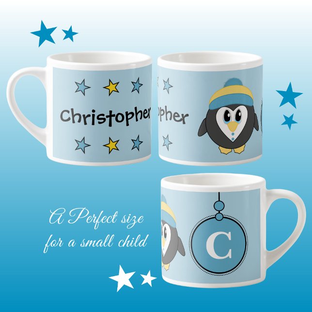 Tasse Expresso Bleu pingouin mignon jaune avec étoiles enfant (Créateur téléchargé)