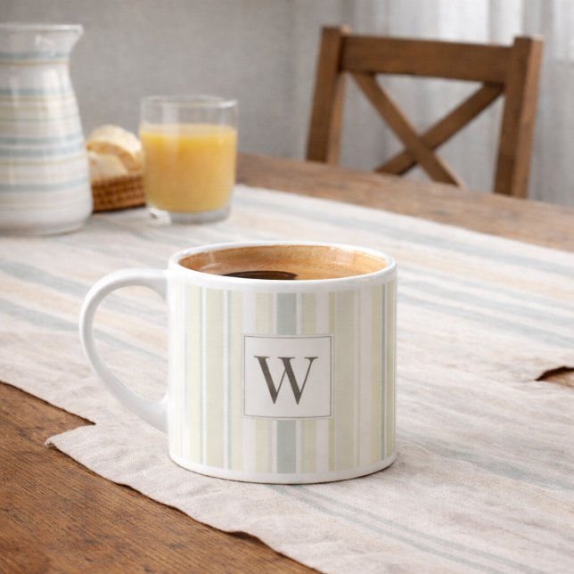 Tasse Expresso Bleu Poussiéreux Neutre Initial Rayure Rustique Ma (Créateur téléchargé)