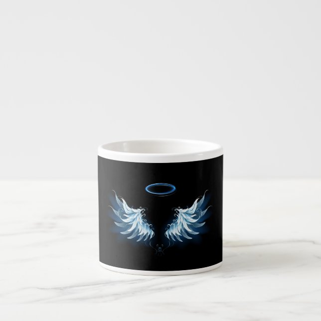 Tasse Expresso Blue Glowing Angel Wings on black background (Devant)