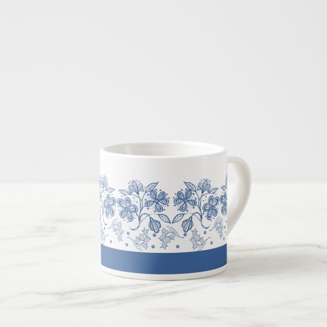 Tasse Expresso Bordure florale bleu Indigo personnalisée Espresso (Devant droit)