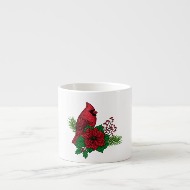 Tasse Expresso Cardinaux rouges sur décoration de Noël (Devant)