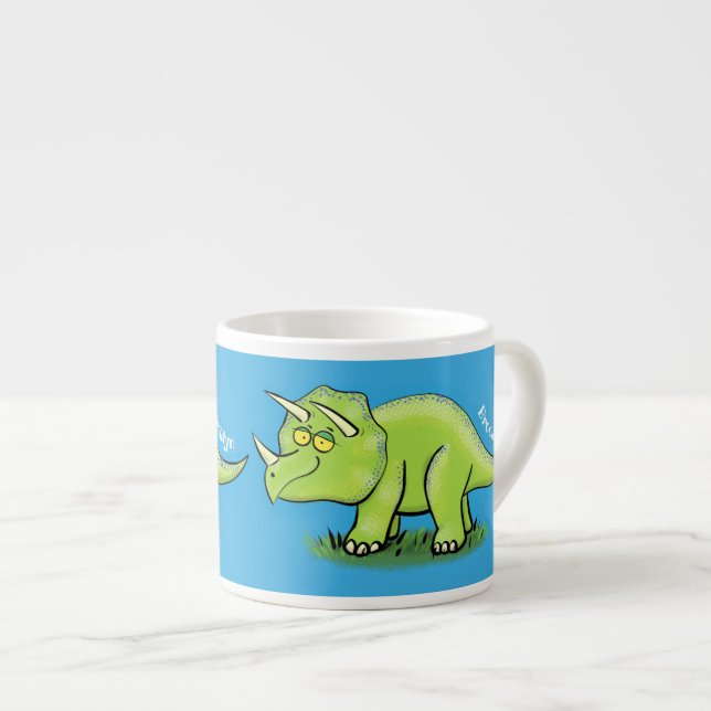 Tasse Expresso Caricature de dinosaure de triceratops vert mignon (Devant droit)