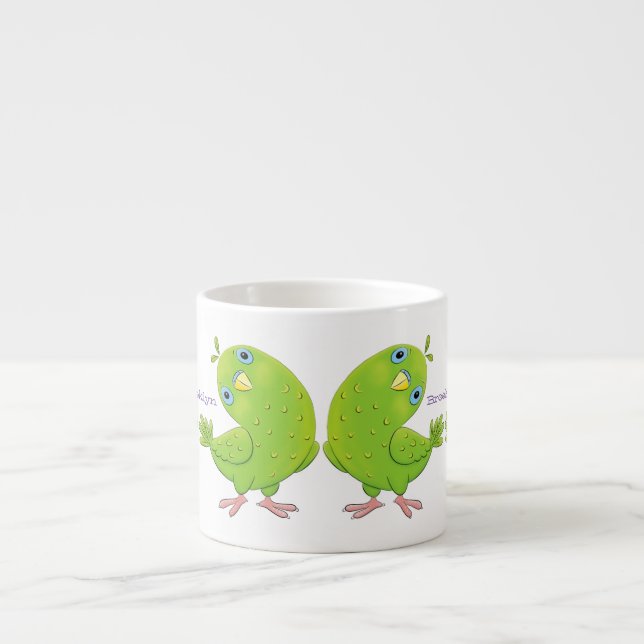 Tasse Expresso Caricature de perruche verte curieuse (Devant)