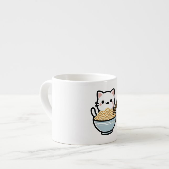 Tasse Expresso Chat mignonne avec nouilles de wok | Kawaii Animal (Devant gauche)