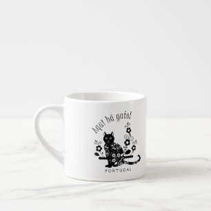 Tasse Expresso Chat noir avec des fleurs et expression portugaise