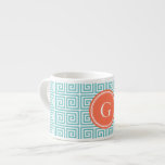 Tasse Expresso Chic turquoise grec clé motif géométrique monogram<br><div class="desc">Design élégant et moderne chic, design élégant, touches grecques turquoise bleu et orange géométrique abstrait design, le joli contemporain grec clé abstrait géométrique motif en bleu turquoise et orange donnent à ce design épuré audacieux un look contemporain et classique. Cadeaux uniques cool pour elle. Personnalisez le monogramme personnalisé avec vos...</div>