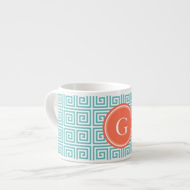 Tasse Expresso Chic turquoise grec clé motif géométrique monogram (Devant gauche)
