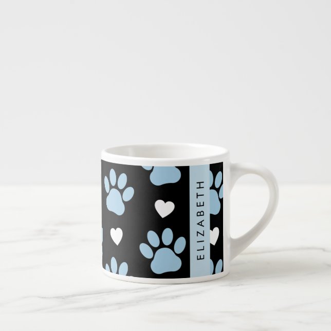 Tasse Expresso Chien Paws, Blue Paws, White Hearts, Votre Nom (Droite)